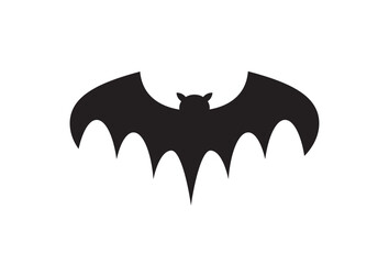 Minimalist silhouette of a bat with spread wings in black on a white background, simple Halloween graphic design element for posters, decorations, and patterns.