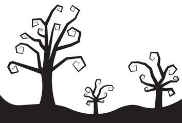 Spooky silhouette of twisted leafless trees with spiral branches on a hill, black and white Halloween vector background for eerie designs and decorations.