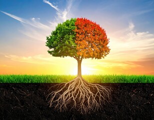 Obraz premium Tree with divided leaves summer and autumn under sky