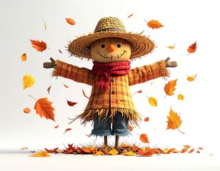 Scarecrow Welcoming Autumn with Falling Leaves on White Background