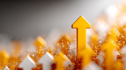 Fototapeta premium 3D yellow arrows pointing upwards in flat lay composition on white background, representing stock market growth and positive financial trend.