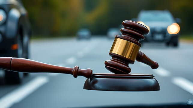 Gavel at Accident Scene, Sideswipe Head-On Collision, Blurred Road Background