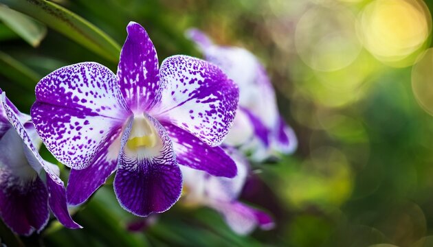 Close Up Purple White Orchid On Green Blur Bacground Vanda Coerulea