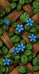 Fototapeta premium A visually appealing design featuring vibrant blue flowers and lush green leaves artfully arranged amidst a textured backdrop of interwoven, light brown wooden slats.