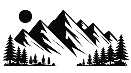 Black and white silhouette of majestic mountains and pine trees