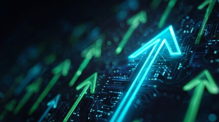 Blue and green arrows pointing upward on digital tech background with circuitry elements, representing stock market growth and business data analysis concept.