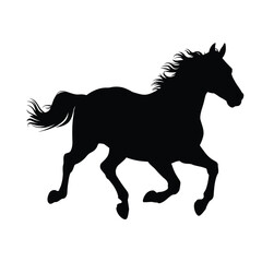 Silhouette of a powerful horse galloping across a white background