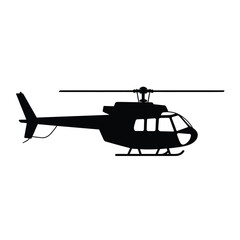 Silhouette of a modern helicopter in flight against a white background