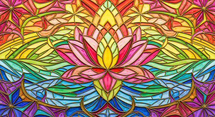 Stained Glass Lotus Bloom with Rainbow Palette and Ornamental Mandala Design, Perfect for Backgrounds, Prints, Wall Art, Frame TV Art or 4K Wallpapers