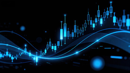 A blue stock market chart with fluctuating lines and candlesticks representing financial market data and trends.