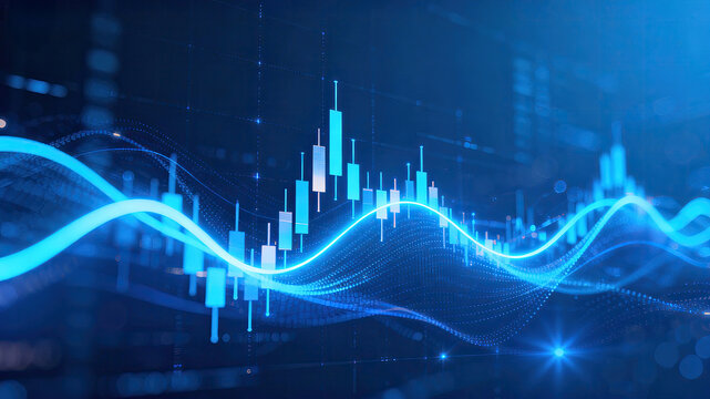 A blue financial chart displaying stock price movements and wave patterns, relevant for investment and market analysis.