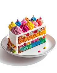 Slice of Colorful Layered Cake with Cream Frosting on White Plate