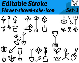 Flower shovel and rake icon. character designed in a clean minimal vector style combining gardening essentials with nature elements. The flower symbolizes growth and beauty while the shovel and rake.