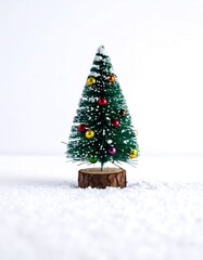 Small Decorated Evergreen Tree on White Snow Background