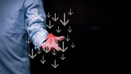 Red arrow pointing upward in opposite direction among gray arrows, symbolizing different choices, unique direction, innovation, and better outcomes