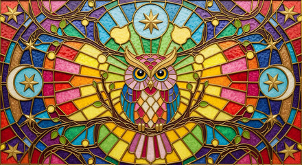 Stained Glass Owl with Rainbow Sky and Celestial Symbols, Perfect for Backgrounds, Prints, Wall Art, Frame TV Art or 4K Wallpapers