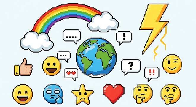 Retro pixel art emoji icons, communicating diverse feelings and concepts