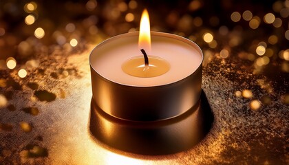 Tealight Candle Glowing Softly On Shimmering Gold Surface Warm Ambiance Created By Flickering Light Enhancing Luxurious Setting