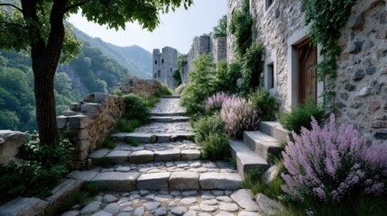 Naklejka premium Medieval Castle Ruins With Stone Steps And Lush Vegetation At Sunny Day
