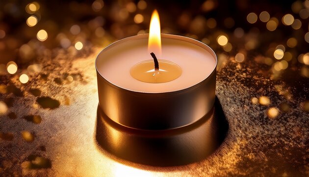 Tealight Candle Glowing Softly On Shimmering Gold Surface Warm Ambiance Created By Flickering Light Enhancing Luxurious Setting - Powered by Adobe