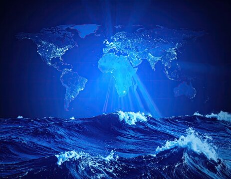 World map of lights above stormy ocean - Powered by Adobe