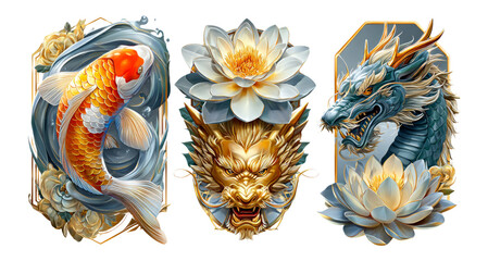 Naklejka premium Stunning Illustrations of Koi Fish, Dragon, and Lotus Flower Art Style