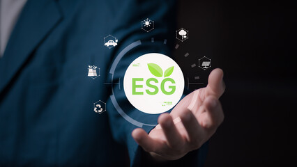 ESG business conference on environmental, social and governance, renewable energy, net zero emissions, green living, and ethical sustainability