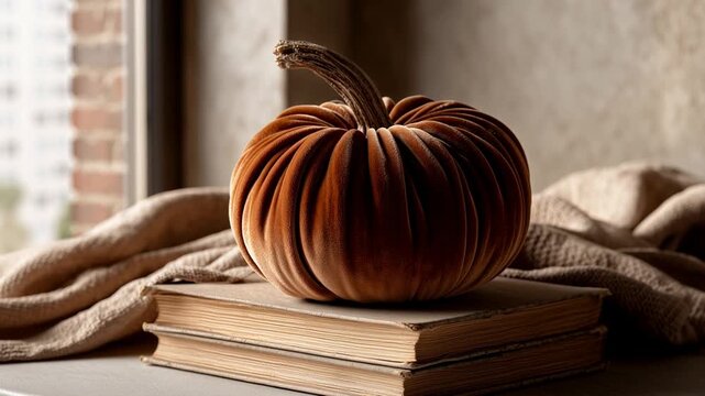 Pumpkin in Mocha Mousse brown velvet, softly lit by window light. A minimalist and elegant product shot for luxury autumn decor.