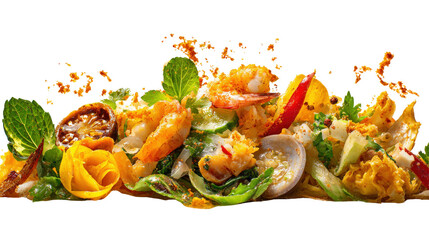 Street Food Photography: Colorful and vibrant street food photography with fresh ingredients and tempting dishes, isolated on a Transparent background, PNG file.