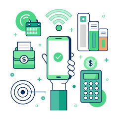 A cohesive set of icons showing a hand tapping a phone on a terminal, a smartwatch near a reader, and a simple "contactless" symbol. Clean lines, positive green accent color for success.