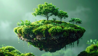 Floating island with moss, trees in misty, green world