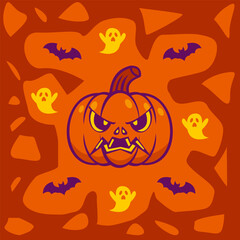 Halloween Pumpkin with Ghosts and Bats Illustration