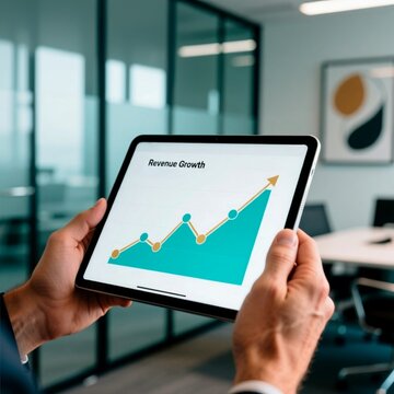 Una persona sostiene una tableta que muestra un gr&aacute;fico ascendente de "Revenue Growth". La imagen simboliza &eacute;xito financiero, an&aacute;lisis de datos y progreso empresarial en un entorno profesional moderno