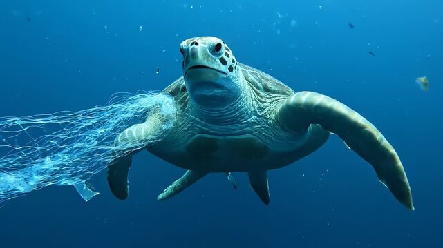 A dramatic underwater close-up captures a somber sea turtle swimming through the deep blue ocean, tragically entangled in plastic debris.