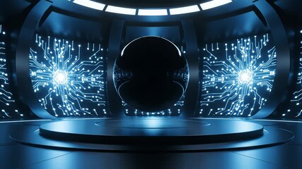 Symmetrical 3d render capturing a mysterious black orb floating above a circular stage inside a dark blue futuristic chamber with glowing circuits. - Powered by Adobe