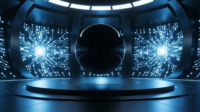 Symmetrical 3d render capturing a mysterious black orb floating above a circular stage inside a dark blue futuristic chamber with glowing circuits.