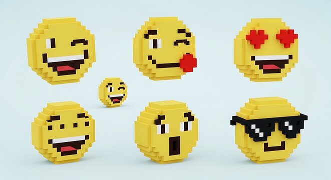 Voxelated emoji set showing diverse expressions and conveying digital humor - Powered by Adobe