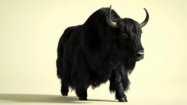 A fullbody frontfacing shot of a black yak with prominent horns on a plain light yellow backdrop