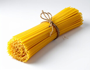 3D render of raw uncooked spaghetti bundle tied with string, isolated on white backgrund