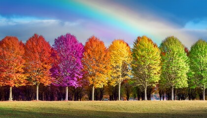 Naklejka premium A Row Of Colorful Trees In A Fantastic Landscape Of The Forest Rainbow Spectrum Autumn In A Fairy Tale