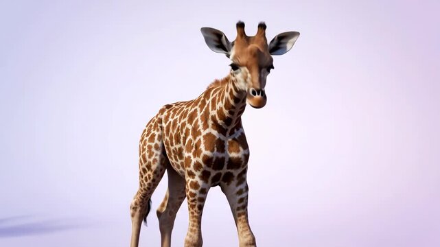 A giraffe stands against a solid background exhibiting its distinctive spotted pattern and elongated neck