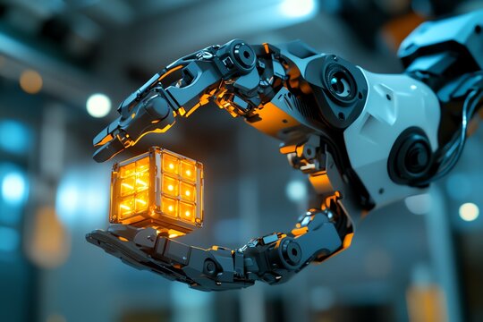 Futuristic robotic hand holding glowing cube, symbolizing innovation and advanced technology in modern automation and AI.