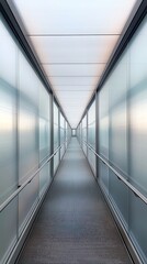 Obraz premium Modern glass corridor with soft lighting creates a futuristic and minimalist architectural design, showcasing endless perspective.