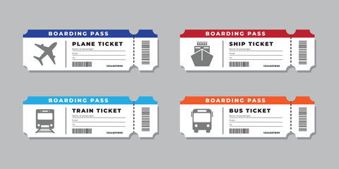 Set of Transportation Ticket. Icons of bus, airplane, ship, and train tickets with barcode included. Vector illustration for travel concept