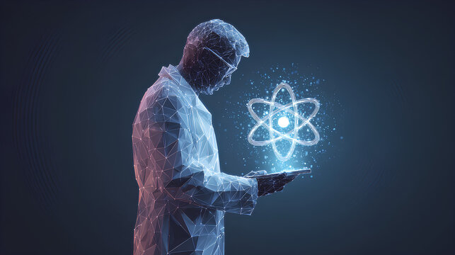 Abstract wireframe man holding tablet with AI chip and nuclear atom icon hologram. Technology innovation background. A scientist with AI processor. Digital vector low poly illustration.  Stock Vector