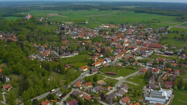 Aerial view of the city and monastery Die&szlig;en am Ammersee in Germany, Bavaria on a sunny spring da