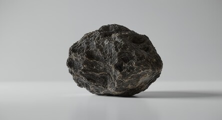 A close-up shot of a textured dark rock on a white background