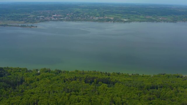 Aerial view of the city and monastery Die&szlig;en am Ammersee in Germany, Bavaria on a sunny spring da