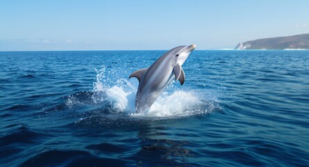 Naklejka premium A Dolphin Leaping Out of the Ocean, Splashing Water Under Clear Blue Sky