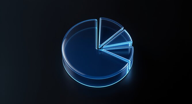 A Glowing 3D Pie Chart Icon with Digital Blue Light on Black Background